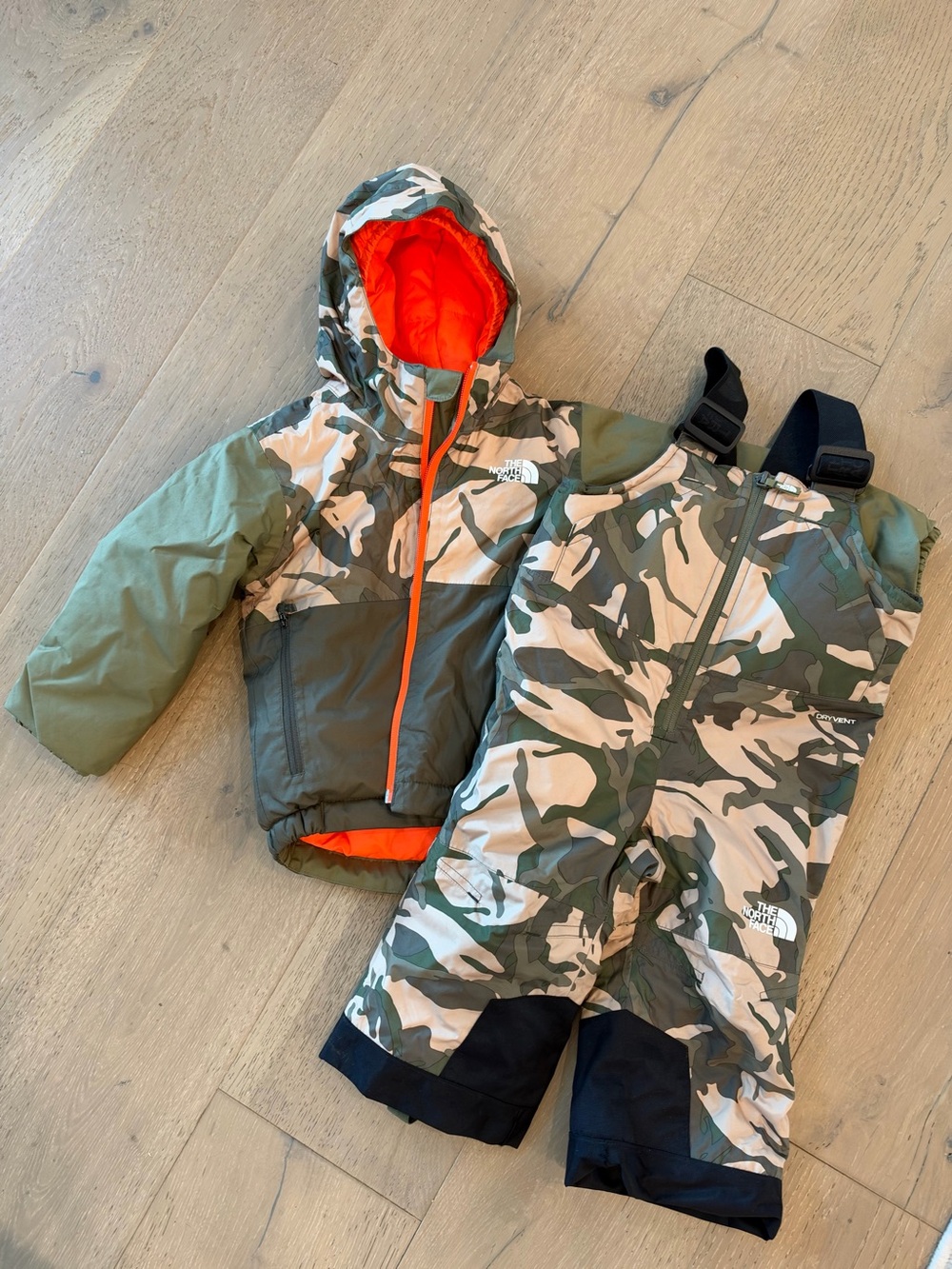 The North Face Kids Camo Green Orange-Trim Jacket and Snow Bibs